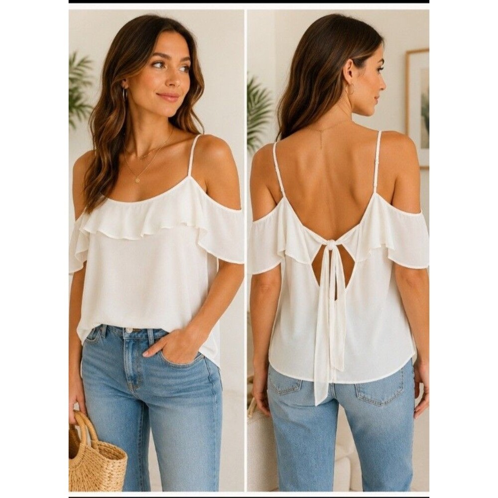 DKNY White Cold Shoulder Ruffle Blouse Women's Size S Open Back Tie Straps